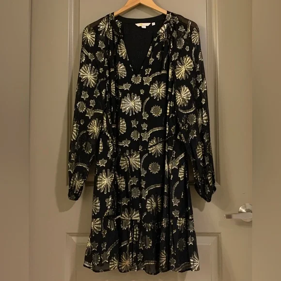 NEW Boden Firework Jacquard Party Black Gold Metallic Sheer Tiered Dress Size 14 - Picture 7 of 13